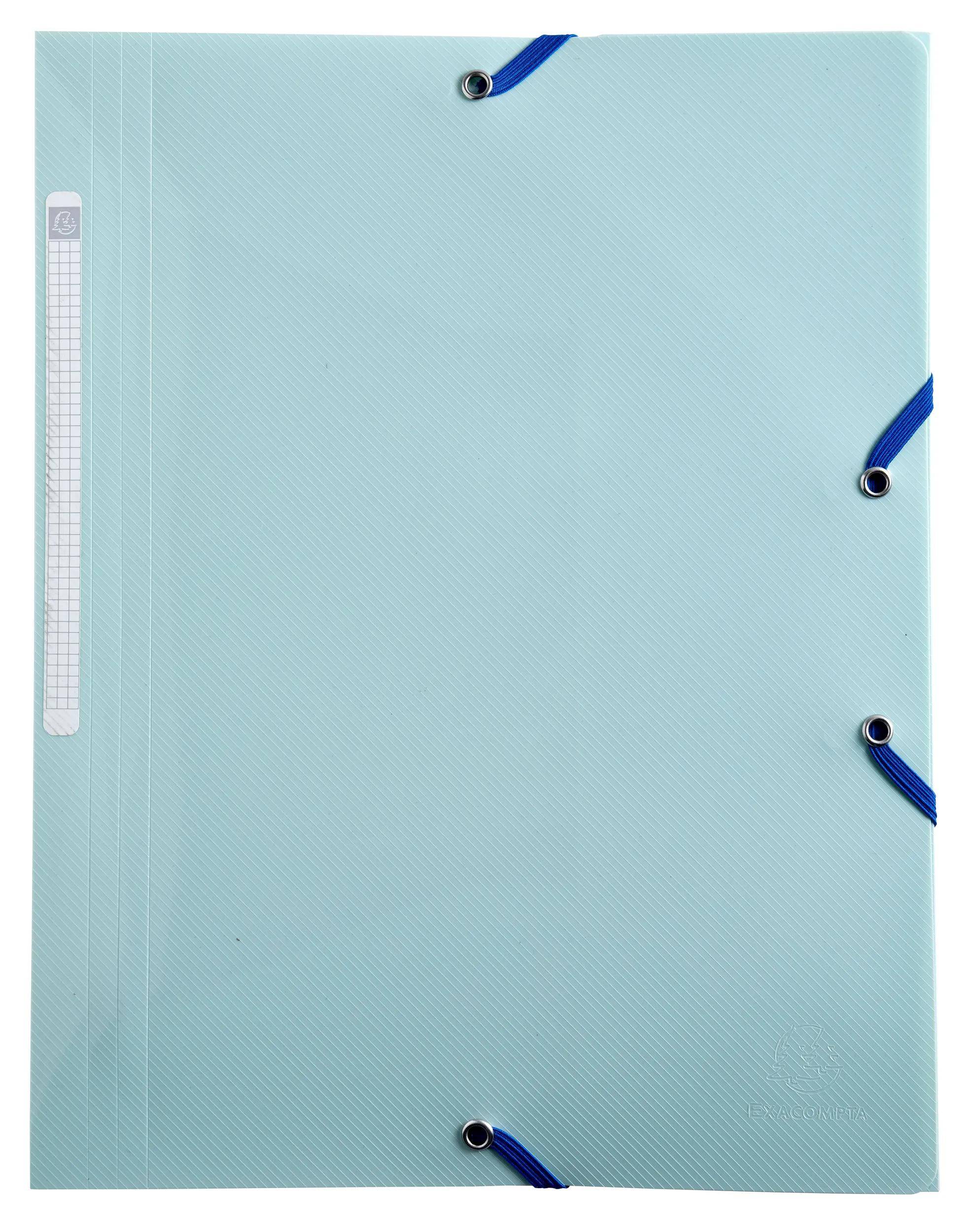 Ein hellblauer Kunststoffordner mit Metallbefestigungen und einem Etikett mit Gittermuster auf dem Rücken, der zur Organisierung von Dokumenten verwendet wird.