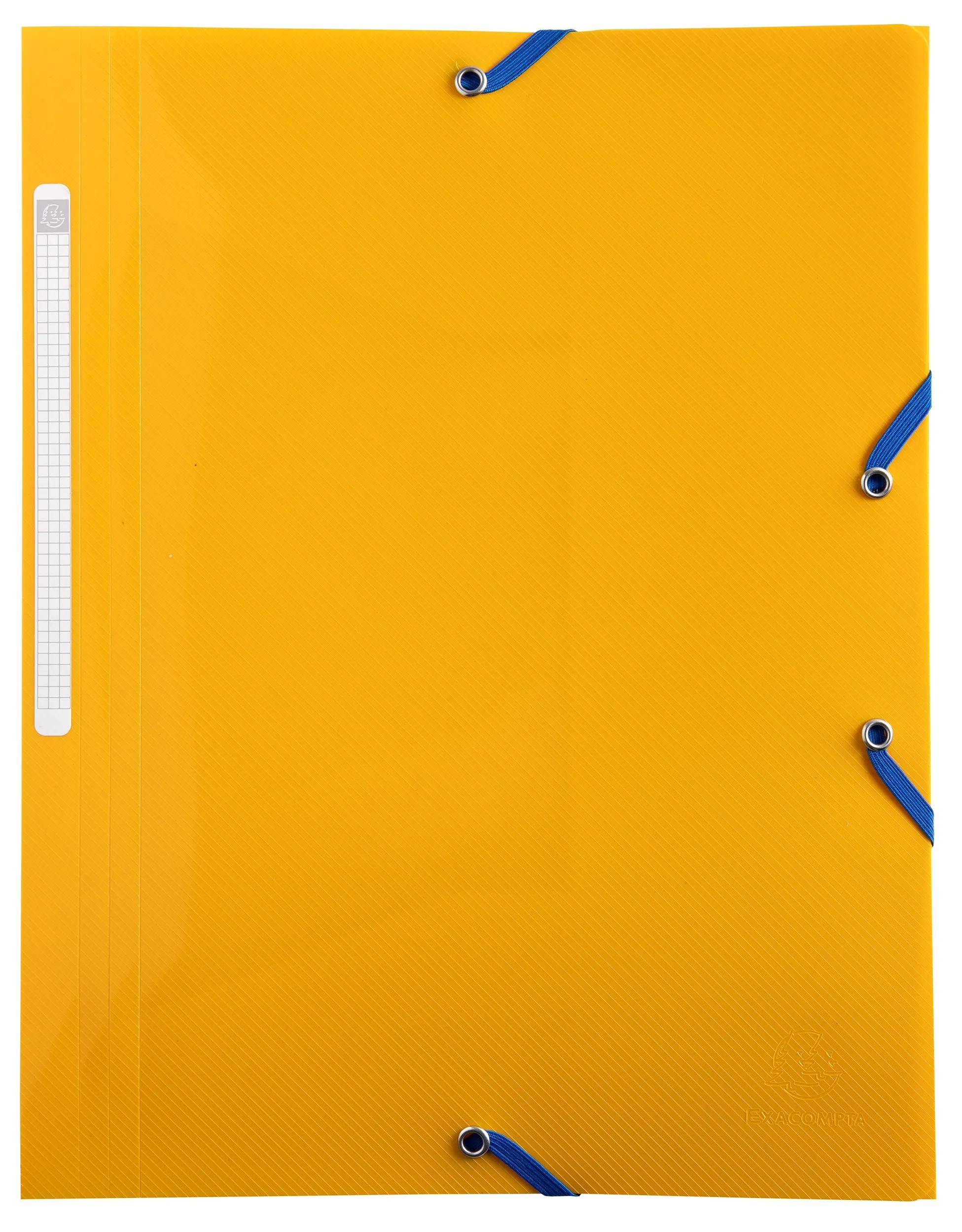 Ein lebhaft gelber Ordner mit blauen Gummibändern ist geschlossen. Ein kleines Gitternetz-Etikett ist auf der linken Seite sichtbar.