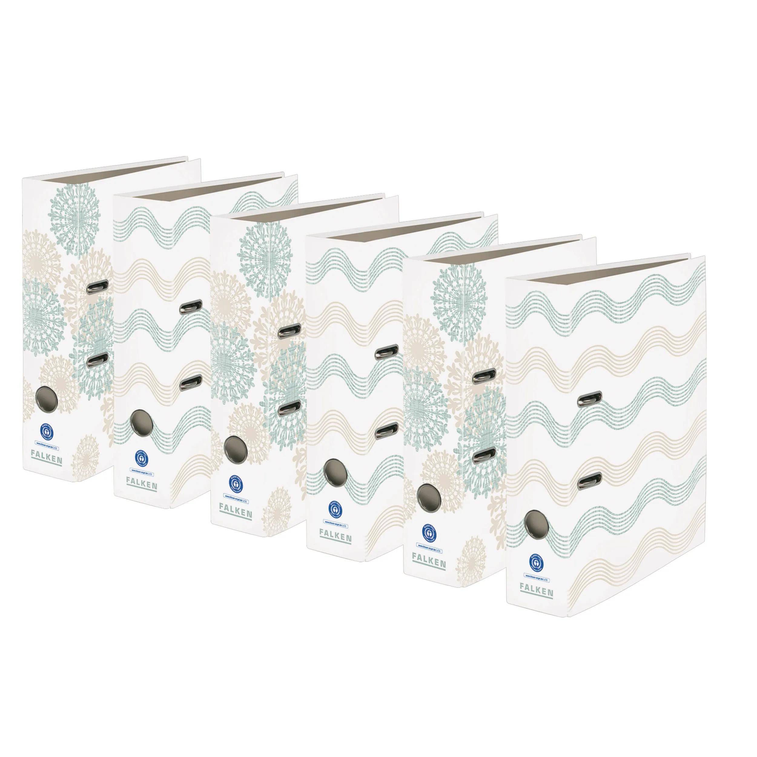 Fünf dekorative Aktenordner mit grünen und beigen Blumenmuster, in einer Reihe angeordnet.