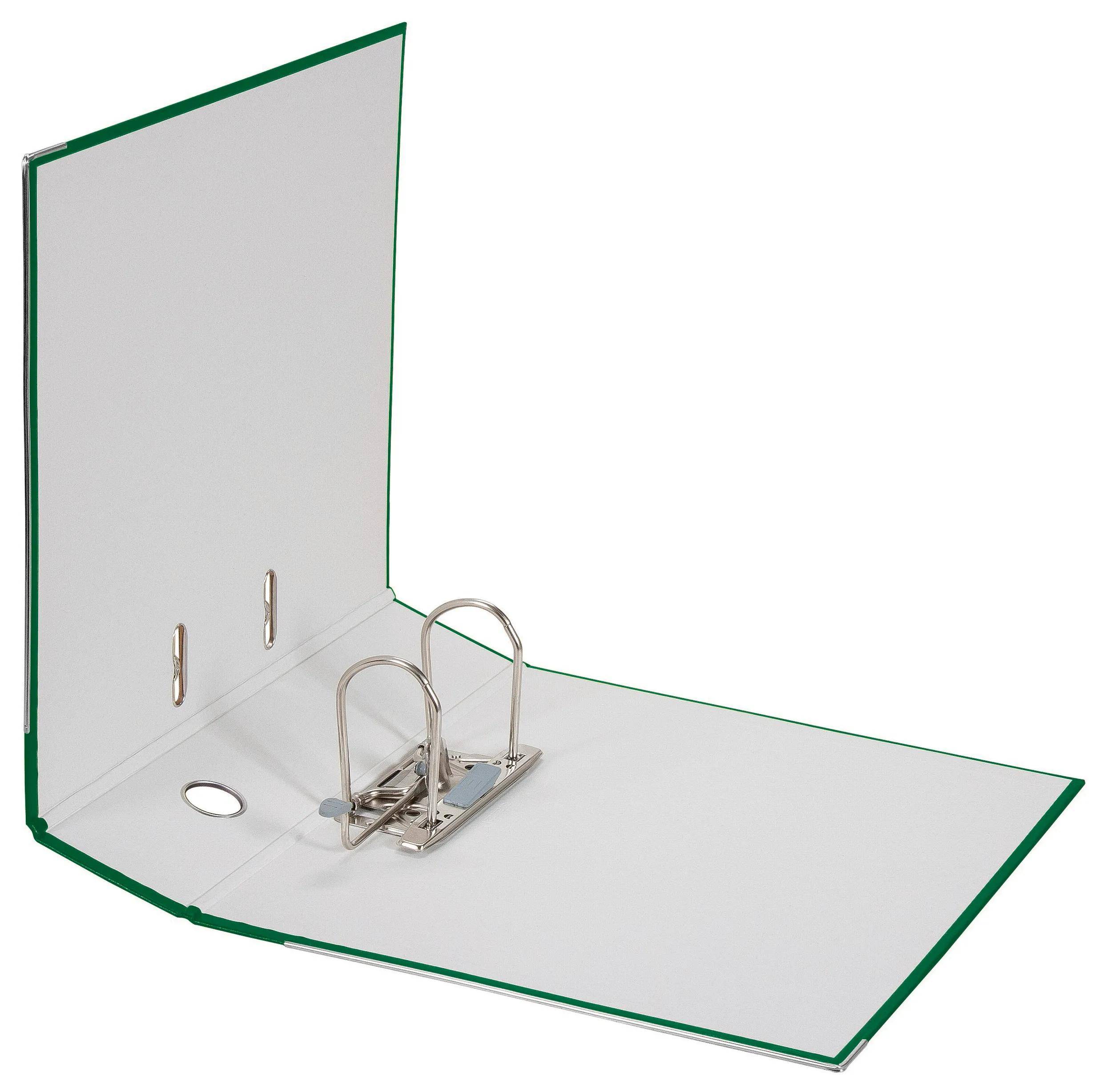 Ein offener grüner Ringordner mit zwei Metallringen und weißem Innenteil, verwendet zum Organisieren von Papieren.