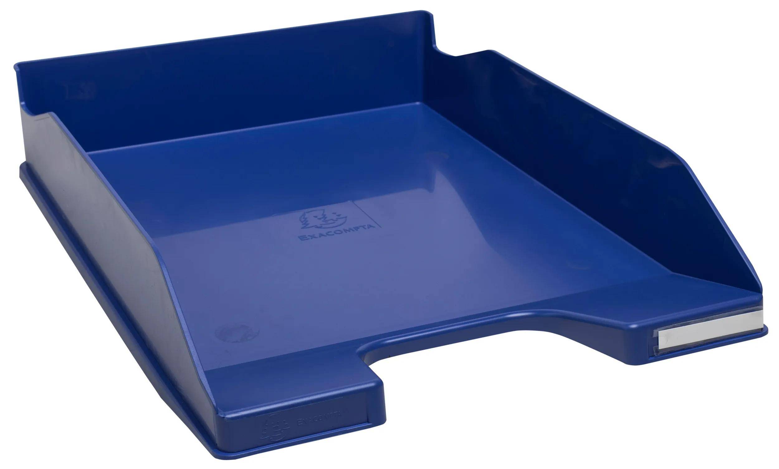 Ein blauer Kunststoff-Dokumenttablett mit hohen Seitenwänden und einer Öffnung an einem Ende für einfachen Zugriff auf Papiere.