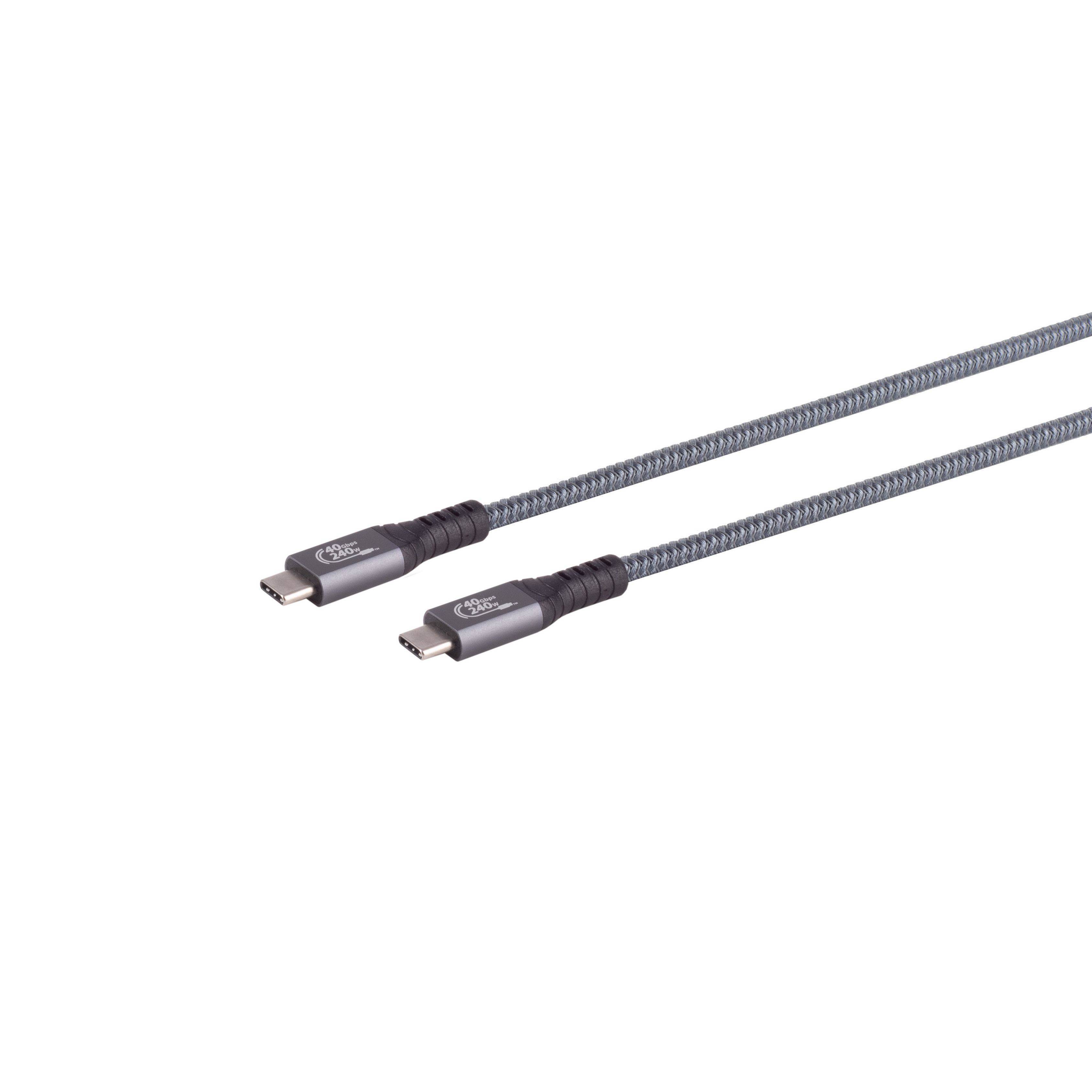 Ein geflochtenes USB-C-zu-USB-C-Kabel mit metallischen Anschlüssen, entworfen zum Laden und zur Datenübertragung.