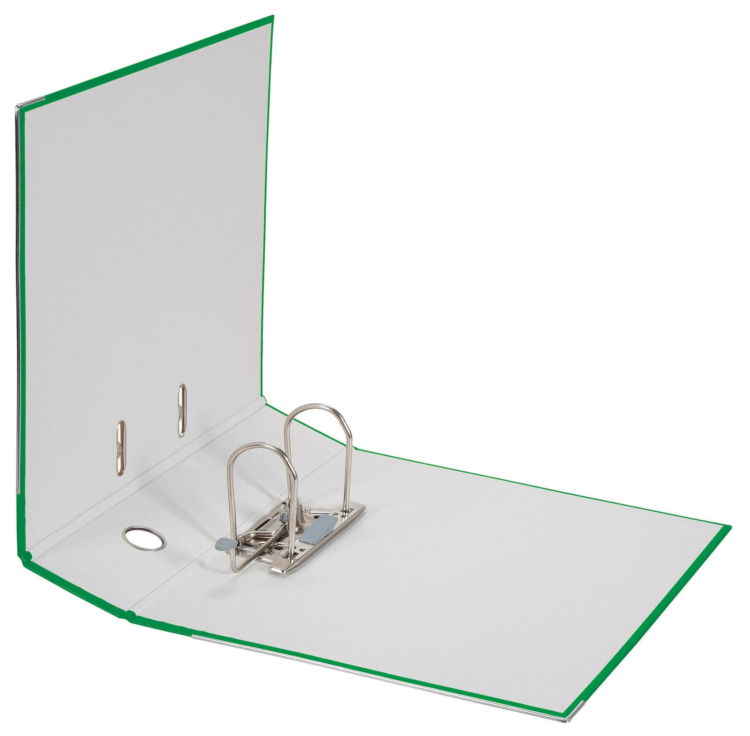 Ein offener grüner Ordner mit Metallringen, entwickelt zum Halten von gelochtem Papier. Der Umschlag ist offen und zeigt das Innere und den Ringmechanismus.