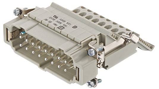 Ein grauer industrieller elektrischer Steckverbinder mit mehreren Pins und gekennzeichneten Spannungsspezifikationen, ausgestattet mit Schraubklemmen zum Befestigen von Leitungen.