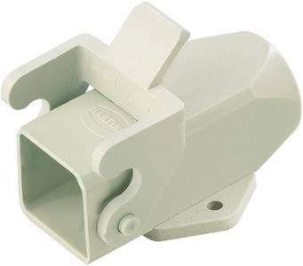 Eine Nahaufnahme einer hellgrauen Metallhalterung oder -klemme mit einer quadratischen Öffnung und einer gelenkartigen Verriegelung, die zum Befestigen oder Verbinden von Teilen entwickelt wurde.