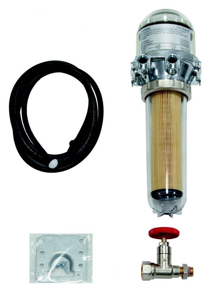 Kraftstofffiltereinheit mit Schläuchen und Montageplatte; umfasst roten Ventilknopf am Filtergehäuse, konzipiert zum Trennen von Wasser aus Kraftstoff.