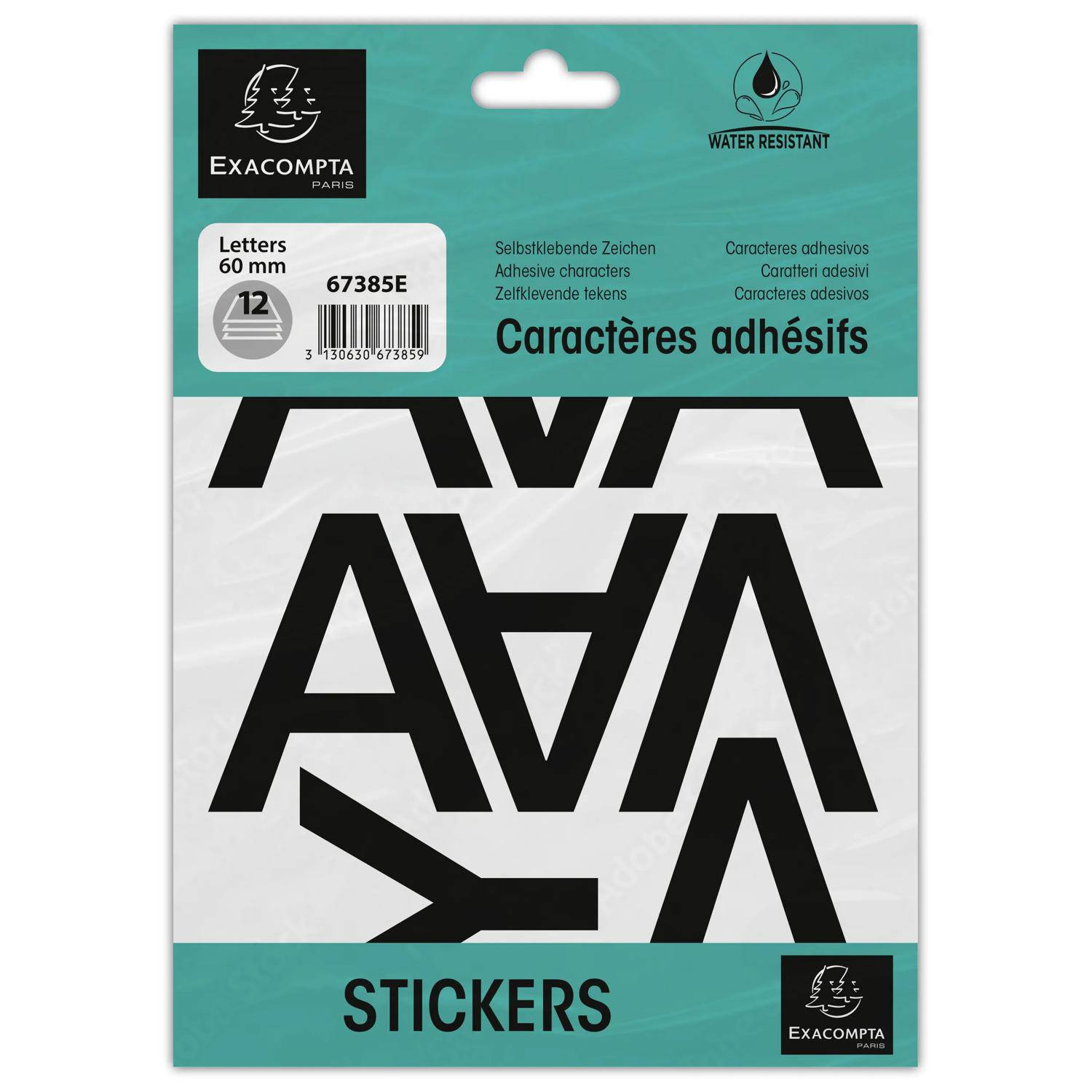 Exacompta wasserfeste selbstklebende Buchstabensticker-Set, Größe 60 mm, mit schwarzem Alphabet auf weißem Untergrund.