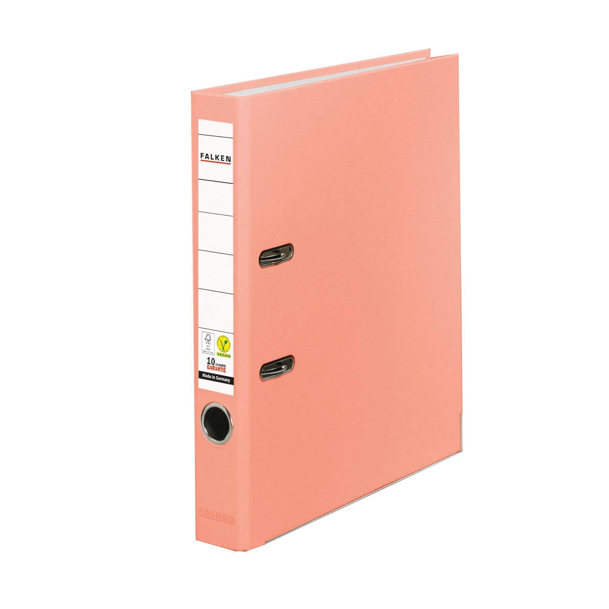 Korallenrosa Ordner mit Metallringen, Etikett auf dem Rücken und Daumengriff.