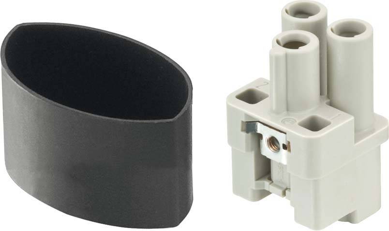 Zwei elektrische Anschlüsse, eine schwarze zylindrische Hülse und ein hellgrauer Block mit runden Buchsen, die verschiedene Stile demonstrieren.
