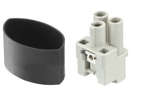 Eine Nahaufnahme eines zweiteiligen elektrischen Verbinders mit einem schwarzen Plastikgehäuse und einem grauen Mehrfachanschlussblock, verwendet in Verkabelungsanwendungen.