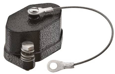 Rechteckiger, schwarzer Metallgegenstand mit Kabel und Schlaufenbefestigung, möglicherweise eine Verriegelungs- oder Sicherheitskabelvorrichtung.