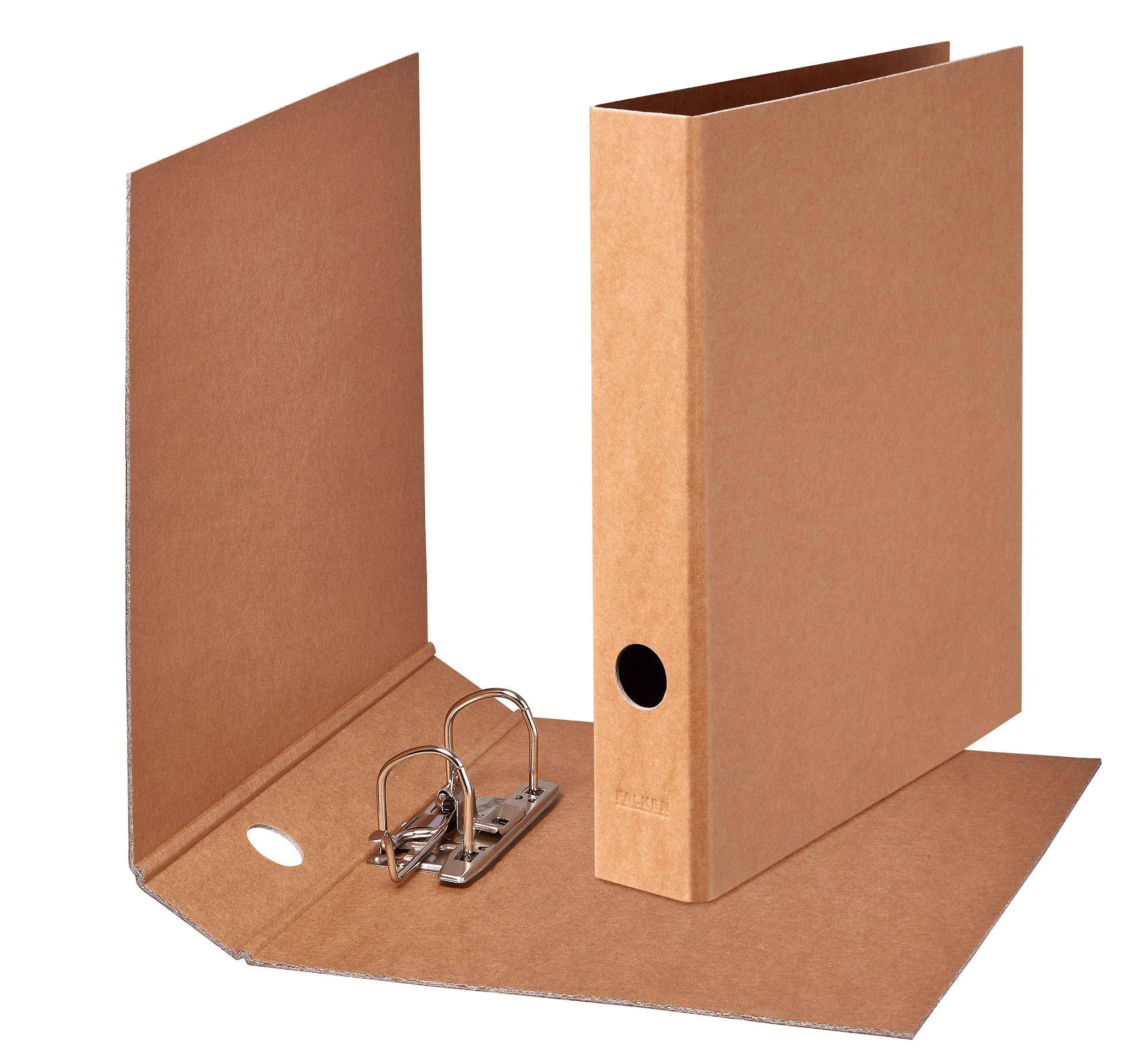 Offene Pappe-Ringbindemappe mit zwei Metallringen, vertikal aufgestellt.