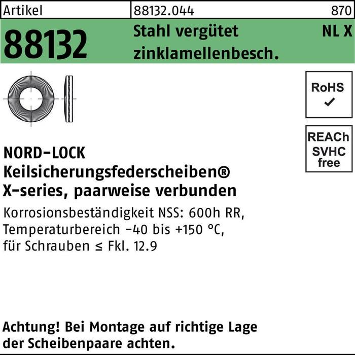 NORD-LOCK Keilsicherungsscheiben X-Serie, paarweise versiegelt Bonded' mit Produktdetails, Abmessungen und Konformitätslogos dargestellt.