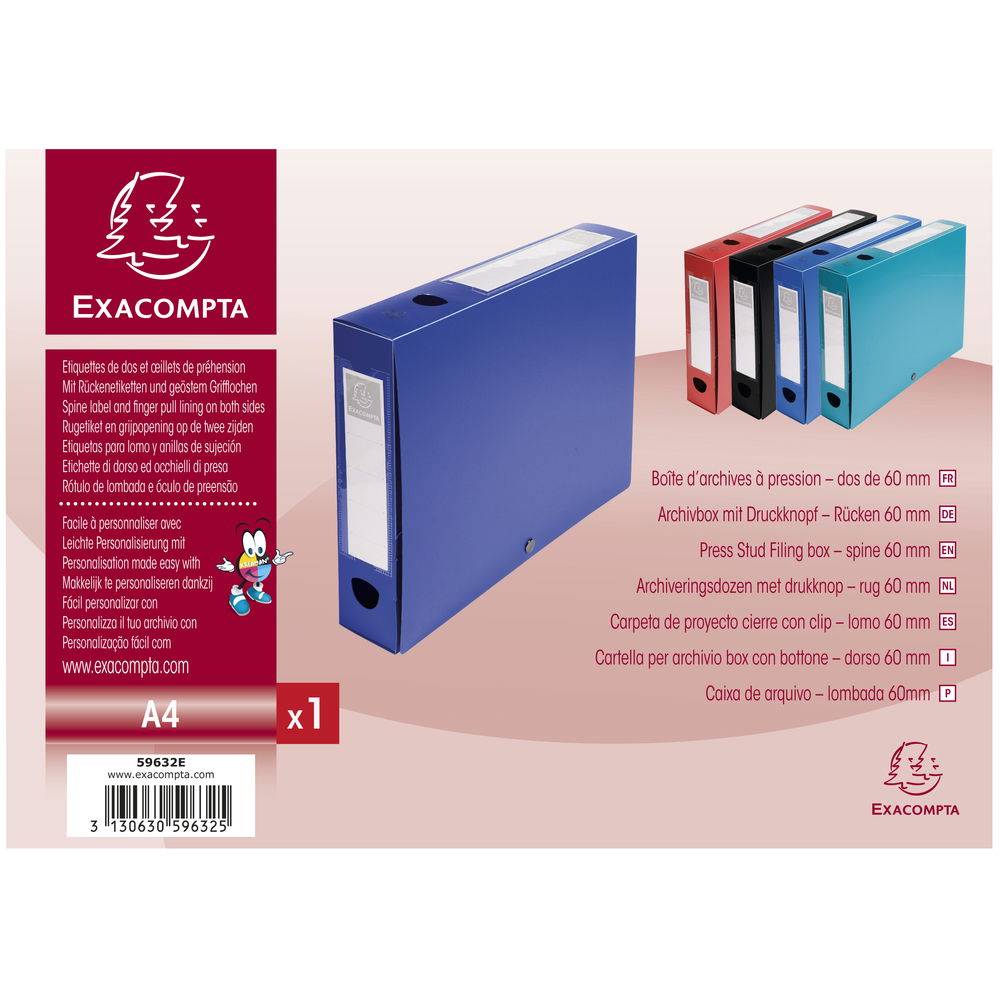 Exacompta 10x Archivbox + Knopf, PP 700µ, Rücken 60mm, A4, Blau, 59632E