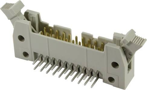 Ein Nahaufnahmebild eines grauen und goldenen elektronischen Anschlusses mit parallelen Pins, der typischerweise in Computer- und elektronischen Gerätekomponenten verwendet wird.