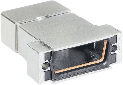 Ein Nahaufnahmebild eines silbernen Anschlusses mit einem offenen rechteckigen Schlitz, der üblicherweise für elektronische oder Computer-Hardware-Verbindungen verwendet wird.