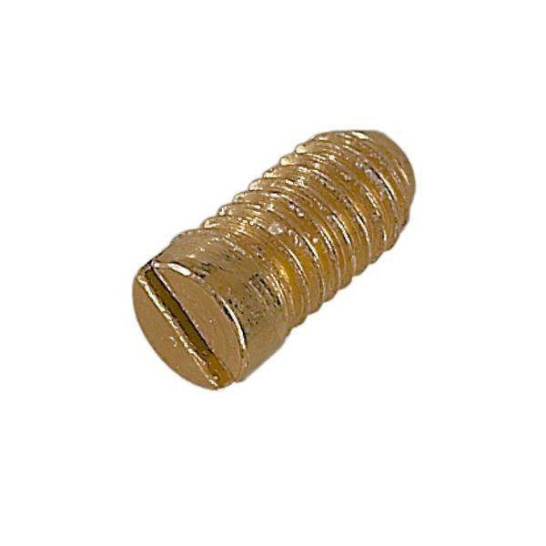 Eine kleine, goldfarbene Madenschraube mit zylindrischer Form, die zum Befestigen oder Sichern von Objekten in mechanischen Anwendungen verwendet wird.