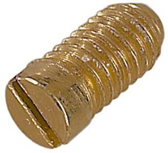 Eine Messing-Madenschraube mit Schlitz und zylindrischer, gewindeter Körperform, die häufig zum Befestigen von Objekten in industriellen und mechanischen Anwendungen verwendet wird.
