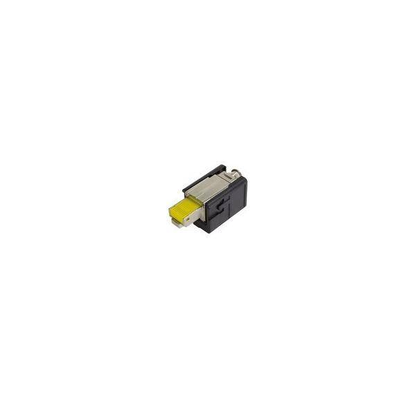 Kleiner schwarzer und silberner Elektrostecker mit gelber Spitze auf weißem Hintergrund.