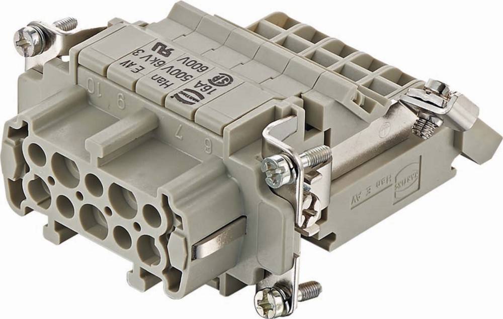 Industrieller Anschluss mit mehreren runden und rechteckigen Anschlüssen für elektrische Verbindungen, ausgestattet mit einem robusten Kunststoffgehäuse.