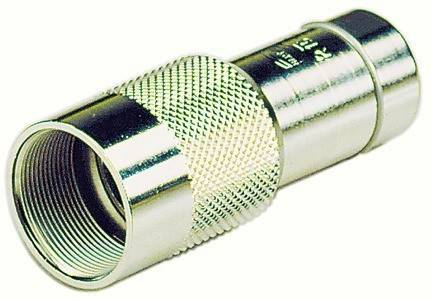 Koaxial-Verbindungsstück aus Messing mit strukturierter Griffoberfläche und glänzender, metallischer Beschichtung, verwendet zum Befestigen von Kabeln an elektrischen Geräten.