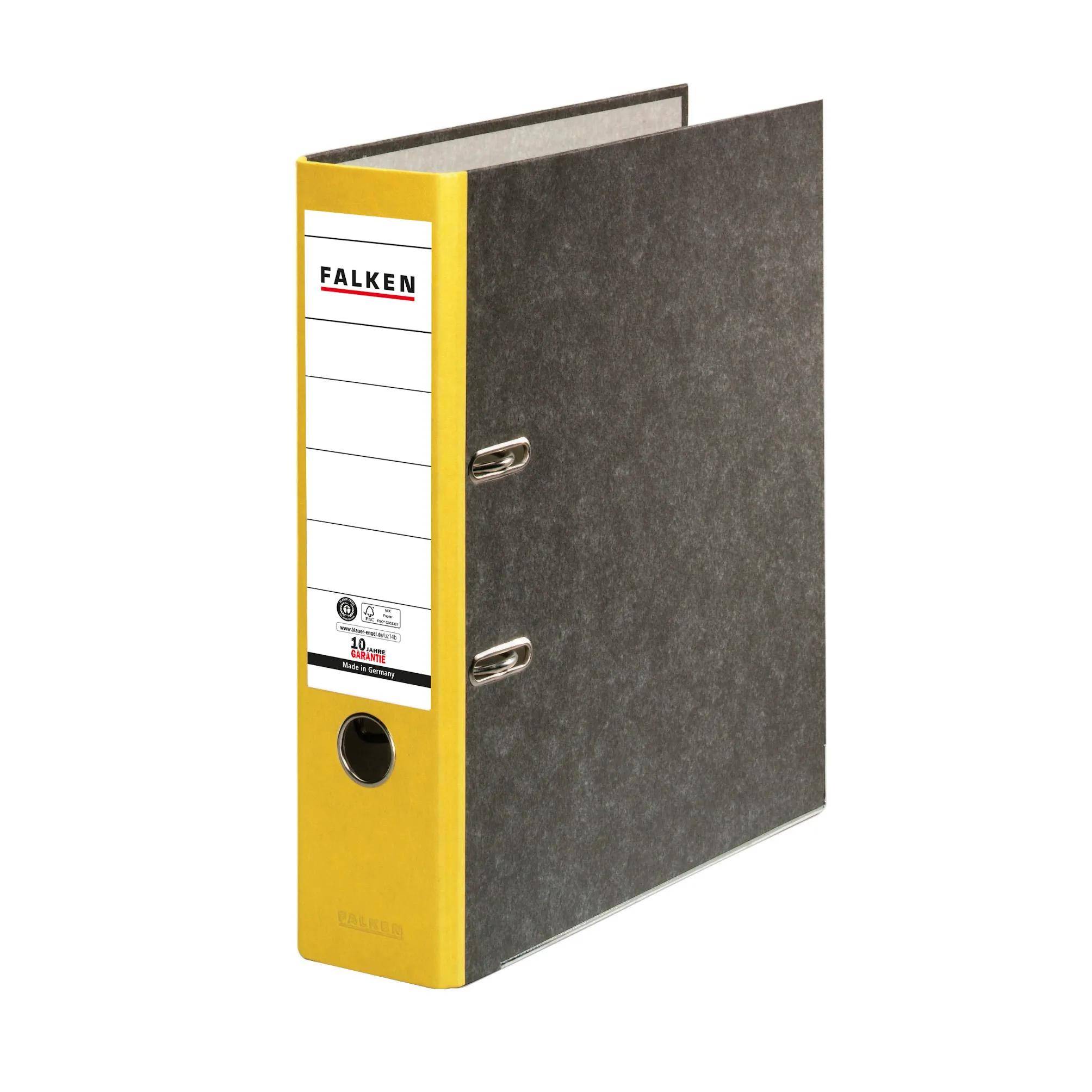 Ein gelb-schwarzer Ringordner, aufrecht stehend, mit der Aufschrift 'Falken', wird zur Organisierung von Dokumenten verwendet.