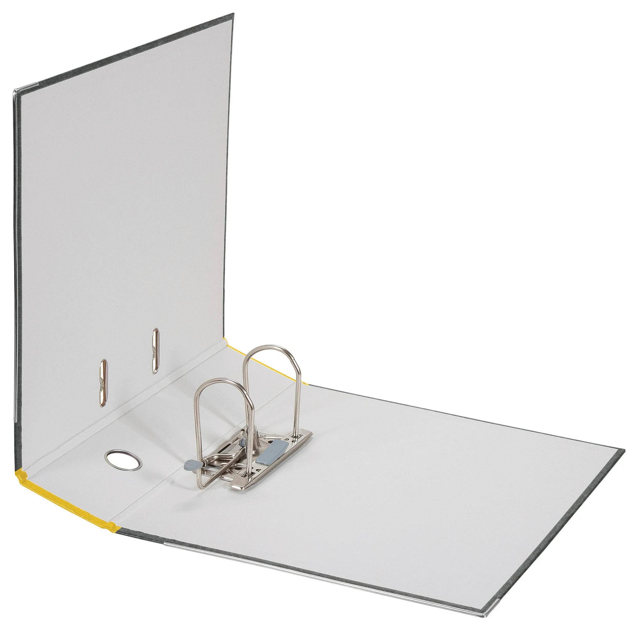 Ein offener Ringordner mit einem metallischen Zwei-Ring-Mechanismus, grauem Inneren und gelbem Rücken, der auf einer ebenen Fläche liegt.