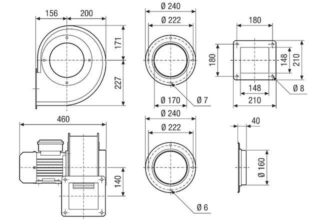 Technische Zeichnung einer mechanischen Komponente mit mehreren Ansichten und Messungen, einschließlich Abmessungen in Millimetern.