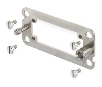 Ein metallischer Montagebügel mit sechs Schrauben; verfügt über eine rechteckige Öffnung und wird zum Befestigen von elektronischen Bauteilen verwendet.