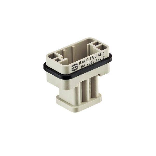 Anschlusskomponente, bezeichnet als Han Q 17/0-M-c, 10A 250V 4kV 2, mit rechteckiger Form und schwarzem Dichtungsring, verwendet in elektrischen Systemen.