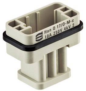 Rechteckiger beiger elektrischer Steckverbinder mit der Beschriftung 'Han Q 17/O-M-c 10A 250V 4kV 2', versehen mit einem schwarzen Dichtungsring.
