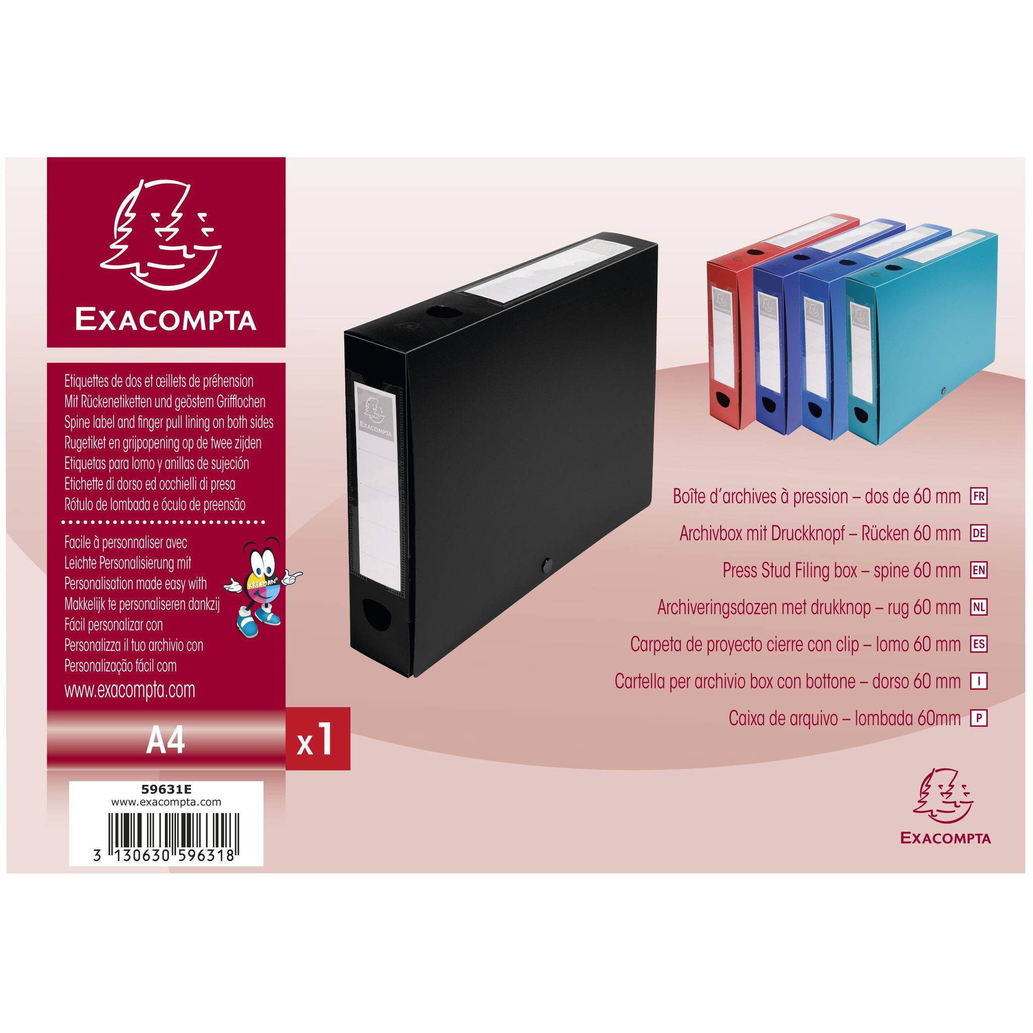 Exacompta 10x Archivbox + Knopf, PP 700µ, Rücken 60mm, A4, Schwarz, 59631E