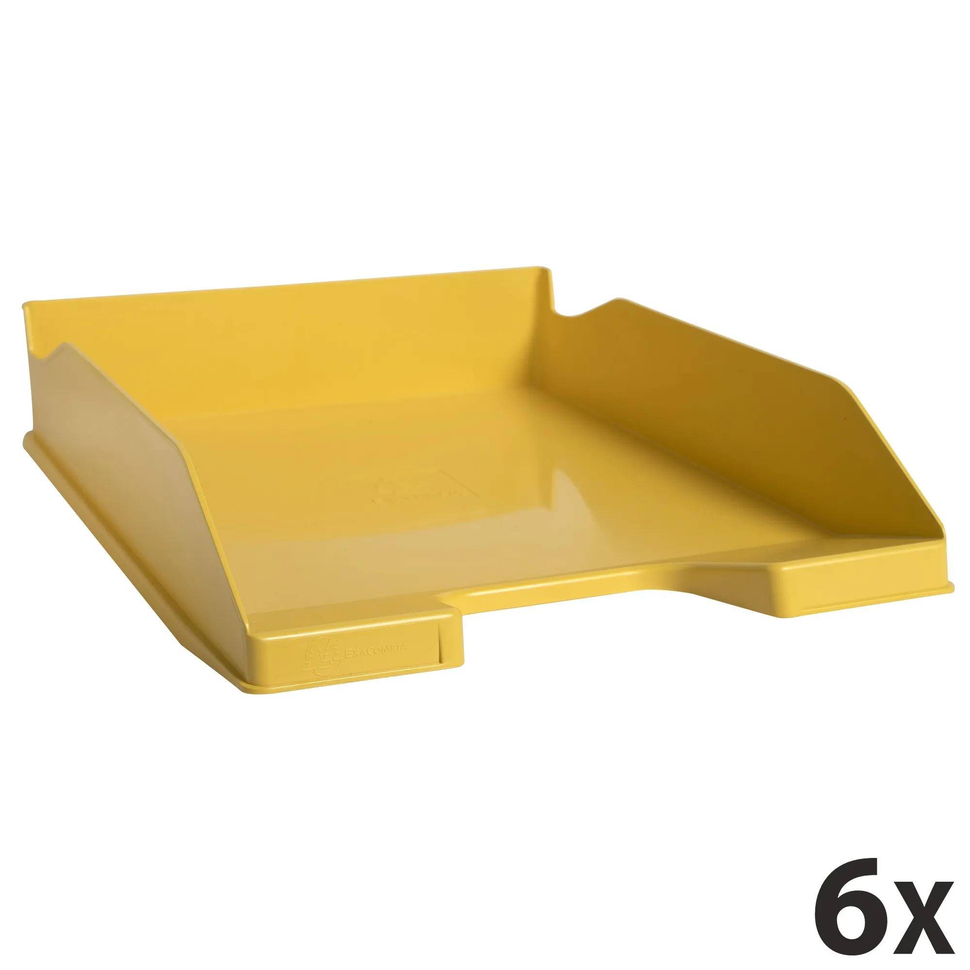 Ein Set aus sechs gelben, stapelbaren Kunststoff-Briefablagen, jede mit einer Vorderöffnung für einfachen Zugriff auf Dokumente, konzipiert für die Büroorganisation.