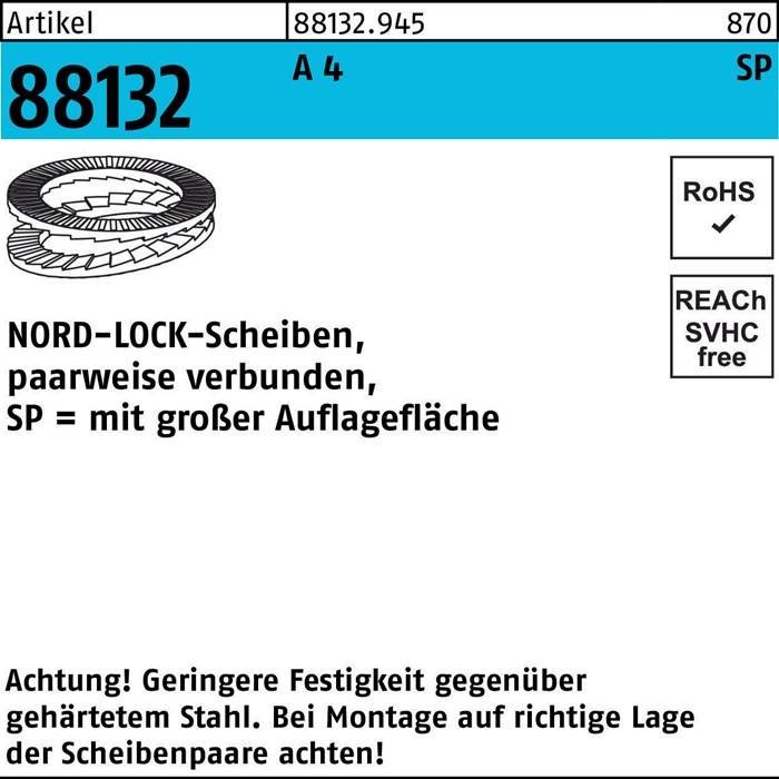 Artikel 88132, A4, 870 Drehmoment' und 'SP = große Kontaktfläche'. Diagramm von verschachtelten Unterlegscheiben. Hinweise: RoHS, REACH-konform.