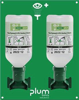 Zwei Notfall-Augenspülflaschen mit der Beschriftung 