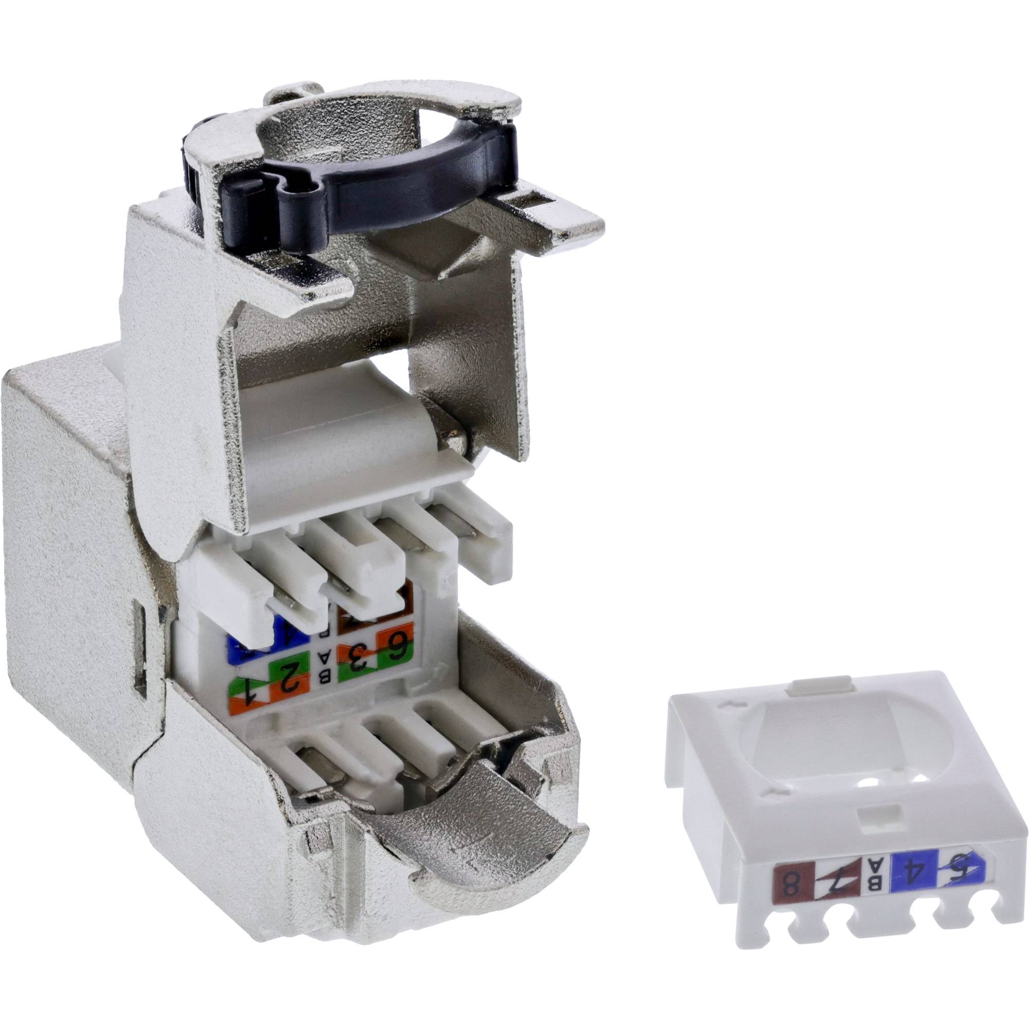Ethernet-Wanddose-Keystone-Modul mit Verdrahtungssteckplätzen und einer weißen aufklickbaren Abdeckung daneben.