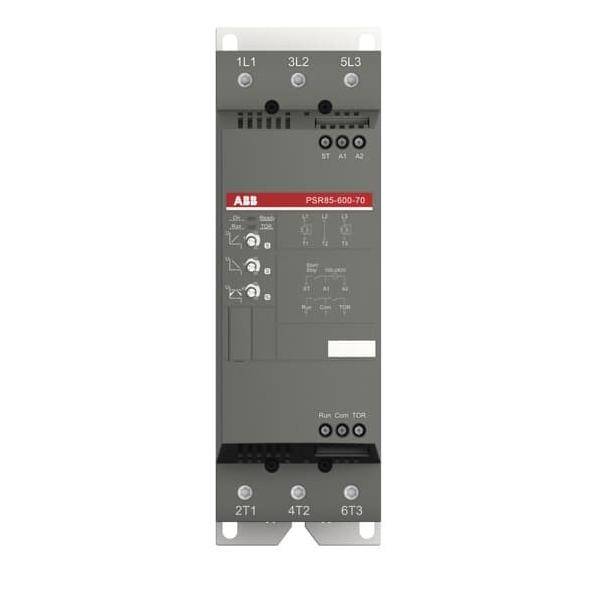 Elektrische Komponente mit der Bezeichnung 'ABB PSR85-600-70', ausgestattet mit mehreren Anschlusspunkten und Steuerungssymbolen für den Einsatz in industriellen Umgebungen.
