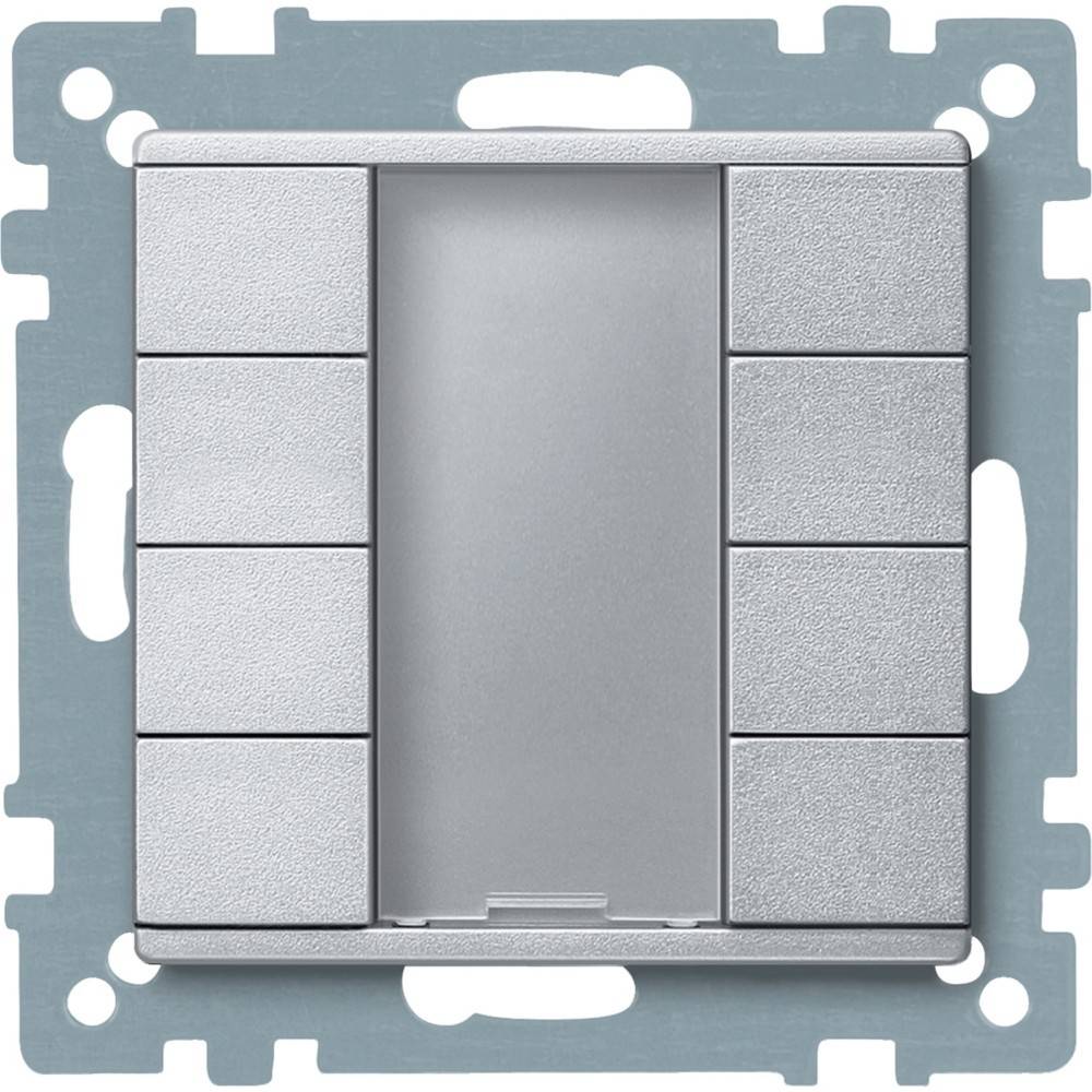 Ein Nahaufnahmefoto einer rechteckigen, metallischen Schalterblende mit mehreren Tastausschnitten, die für eine Wandschalter-Installation konzipiert ist.