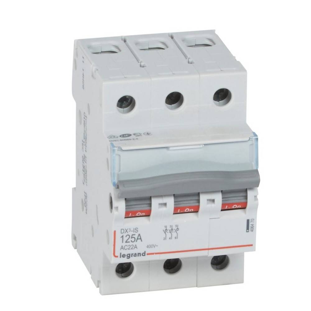 Legrand 125A Leistungsschalter mit Doppelschaltern, gekennzeichnet mit DX³-IS, AC22A, mit Ein-/Aus-Anzeigen, geeignet für Systeme bis zu 400V.