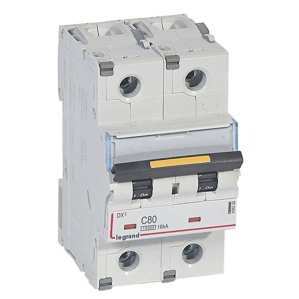 Ein weißer Doppelpol-Leitungsschutzschalter mit 'Legrand'-Markenlogo und 'C80'-Markierung, der eine 80-Ampere-Kapazität anzeigt und für elektrische Installationen konzipiert ist.