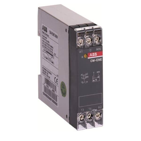 Ein elektronisches Relaisgerät mit beschrifteten Anschlussklemmen für elektrische Verbindungen, gekennzeichnet mit 'ABB CM-ENE MIN', verwendet in Steuerkreisen.