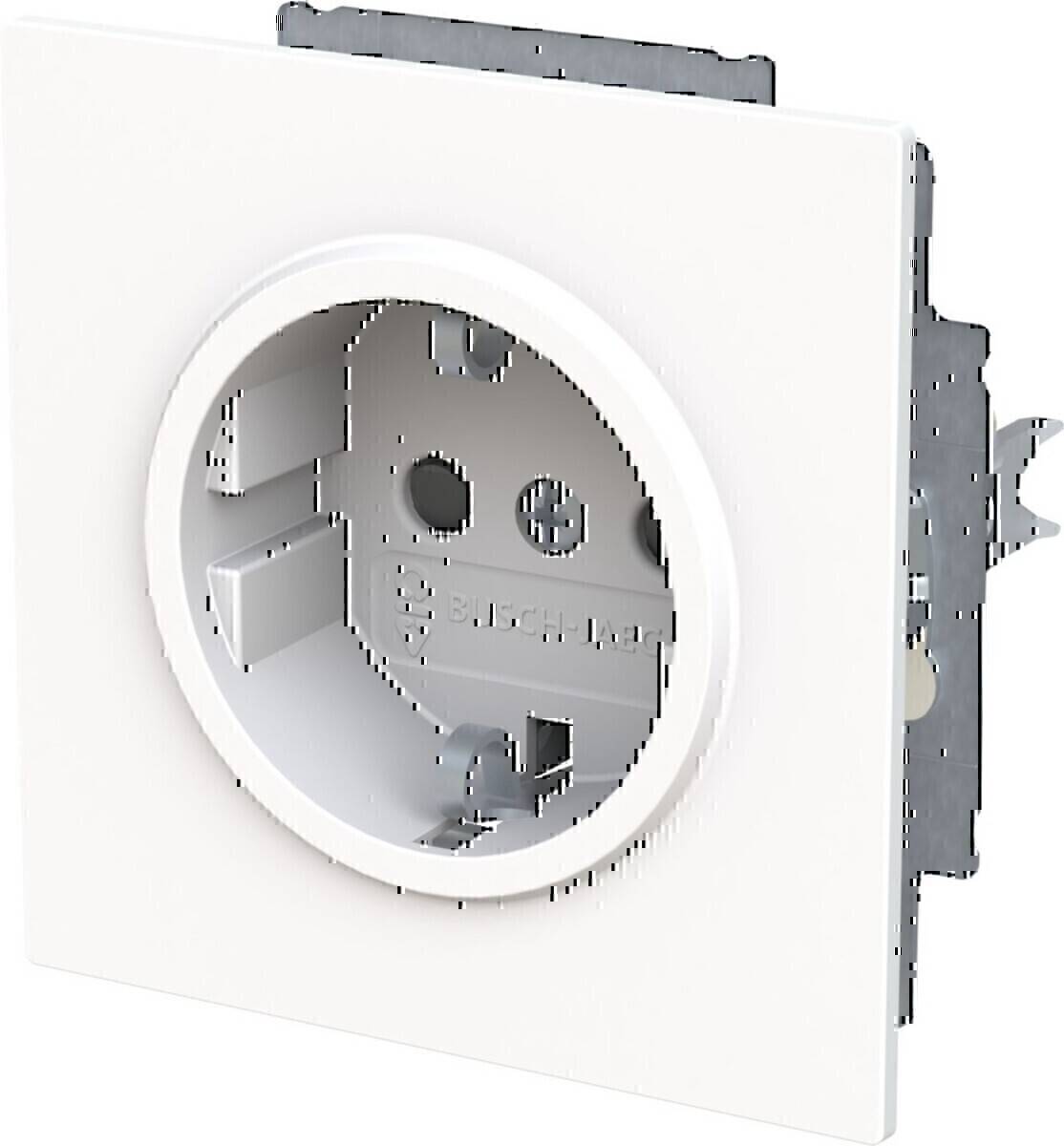 Stromanschlussdose mit weißem quadratischen Rahmen, für unterputzmontage konzipiert, mit sichtbaren Anschlussklemmen im Inneren.