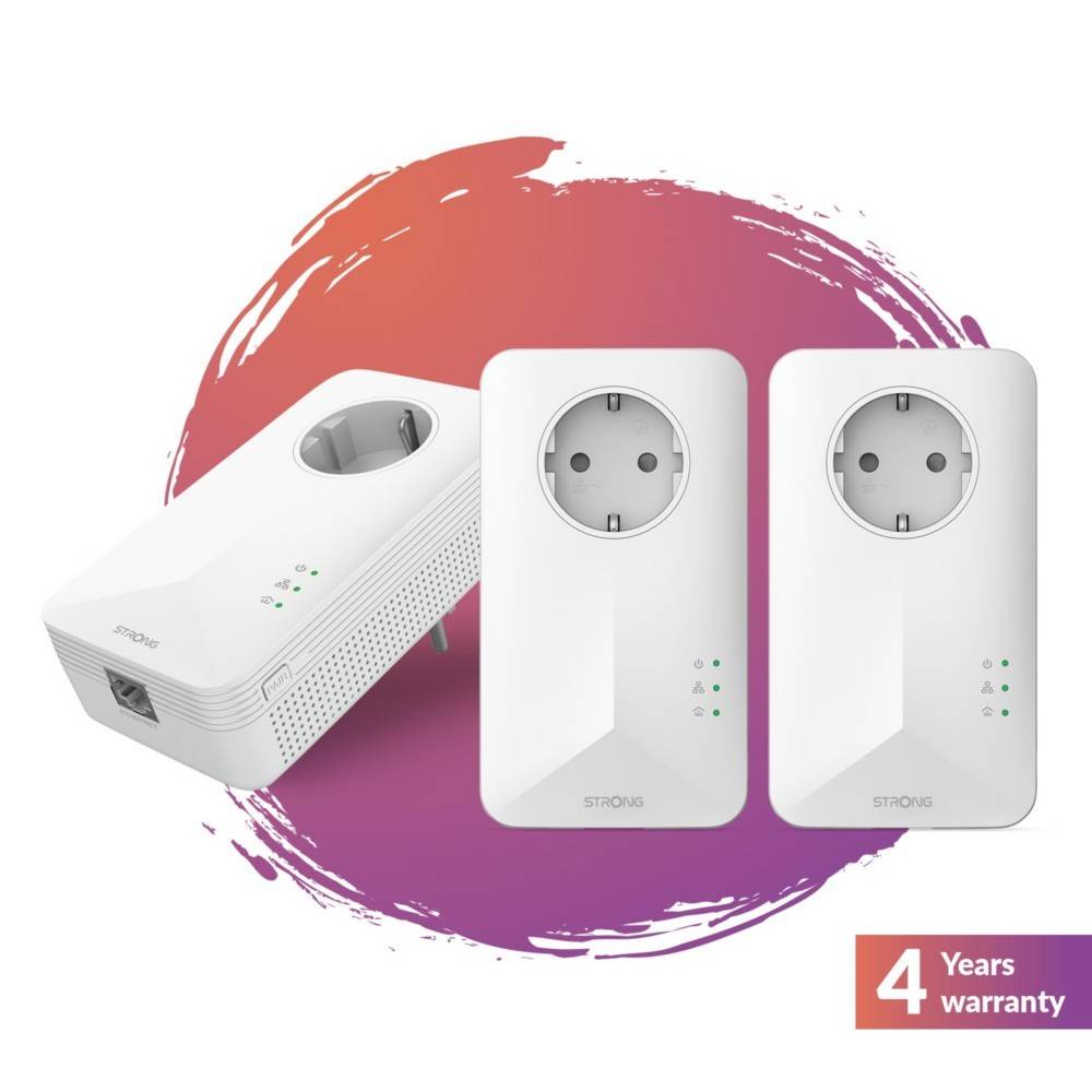 Drei weiße elektrische Geräte mit europäischen Steckdosen werden vor einem bunten Hintergrund gezeigt. Der Text lautet „4 Jahre Garantie