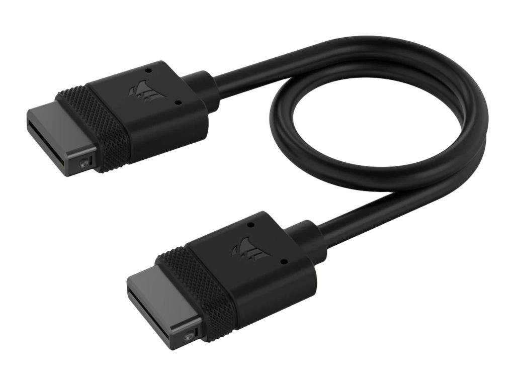 Schwarzes Kabel mit zwei USB-C-Anschlüssen auf weißem Hintergrund.