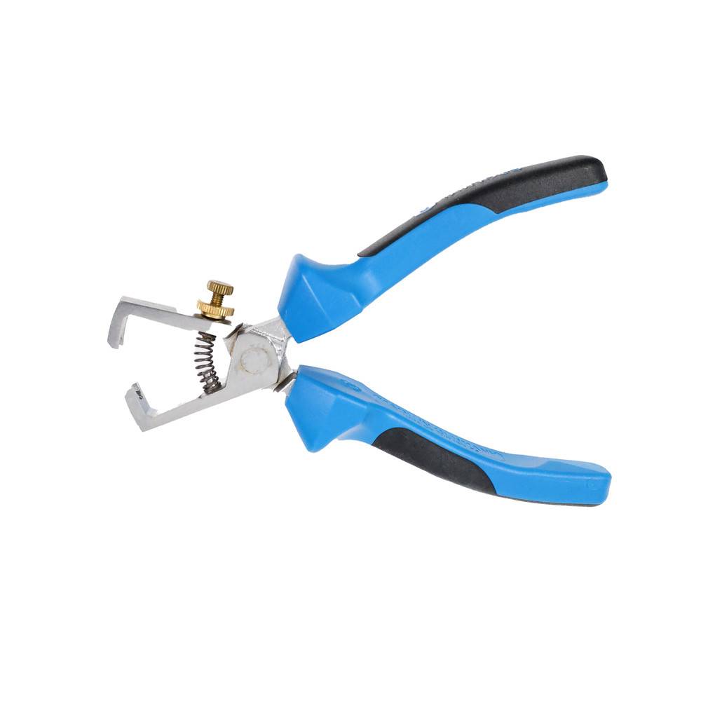 Ein blauer Abisolierwerkzeug mit schwarzen Griffen und einer verstellbaren Messingschraube, verwendet zum Entfernen der Isolierung von elektrischen Leitungen.