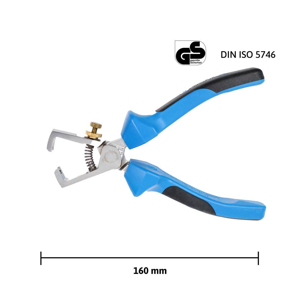 Ein blau-schwarzer Abisolierer mit ergonomischen Griffen und einer 160-mm-Maßskala. GS-Zertifizierung und 'DIN ISO 5746' Text sind sichtbar.