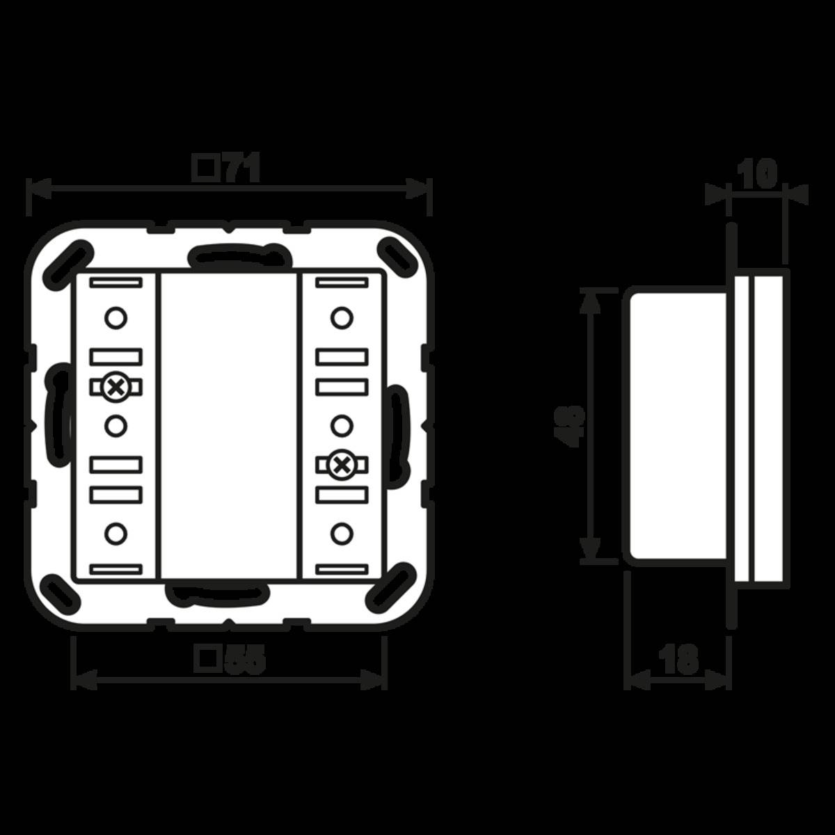 Diagramm einer quadratischen elektrischen Komponente mit Maßangaben. Frontansicht: 55 mm x 55 mm; Breite: 71 mm. Seitenansicht: 49 mm Höhe, 18 mm Tiefe.