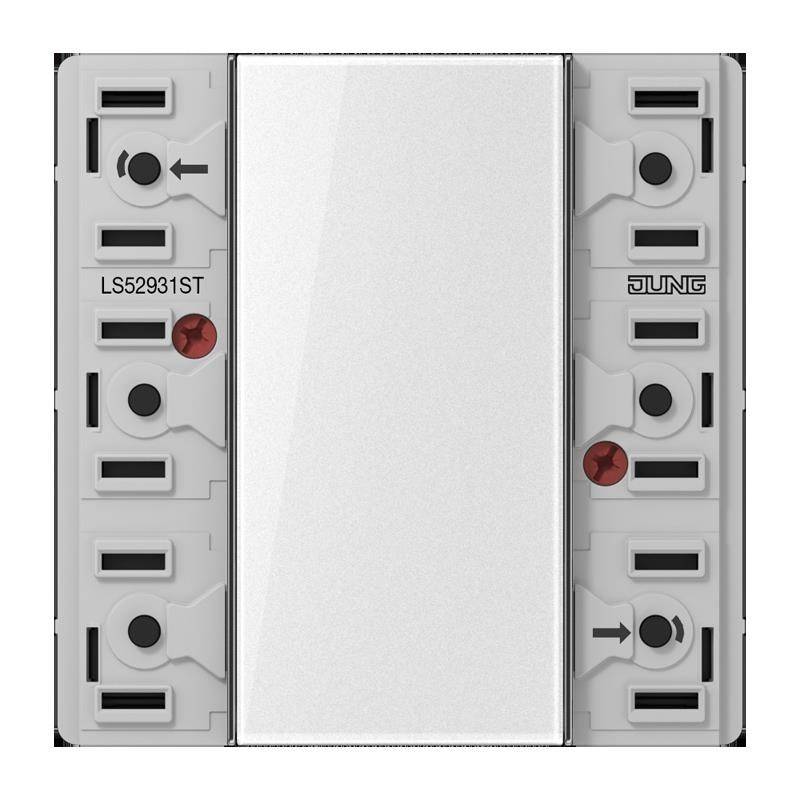 Weißes elektrisches Wandpanel mit beschrifteten Schaltern und roten Indikatoren, auf dem Pfeile und die Markenbezeichnung 'JUNG' auf einem grauen Hintergrund zu sehen sind.