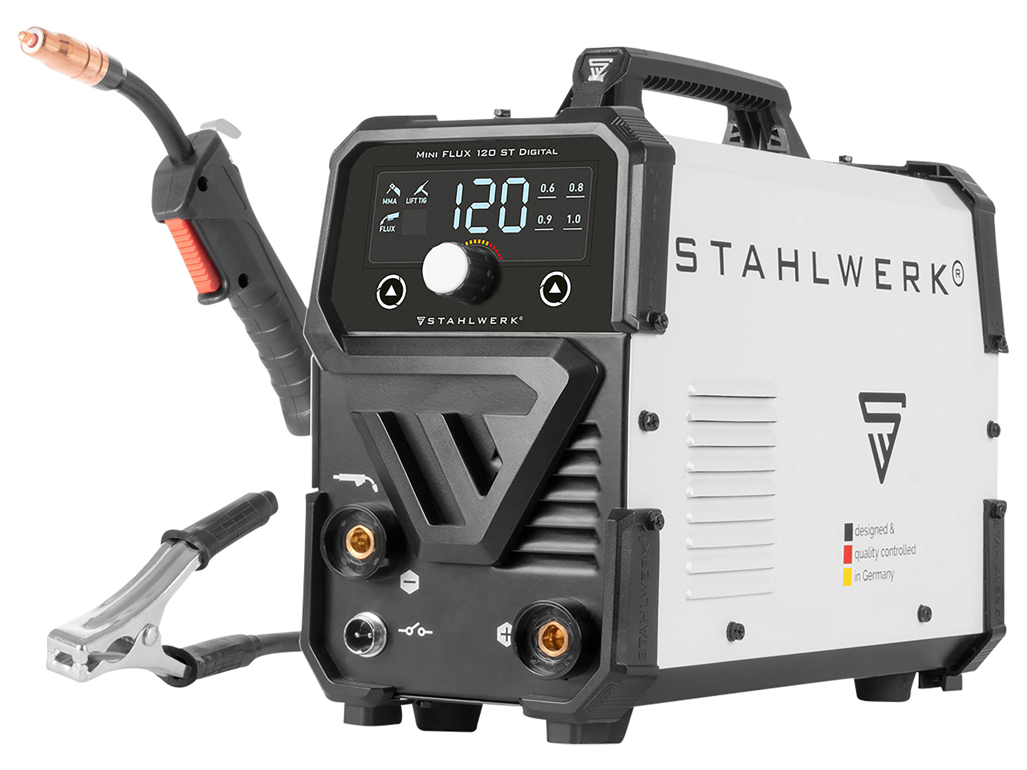 Mini Flux 120 ST digitales Schweißgerät, Display zeigt Leistungsstufe bei 120, mit Bedienknöpfen und Kabelverbindungen, Marke 'Stahlwerk'.