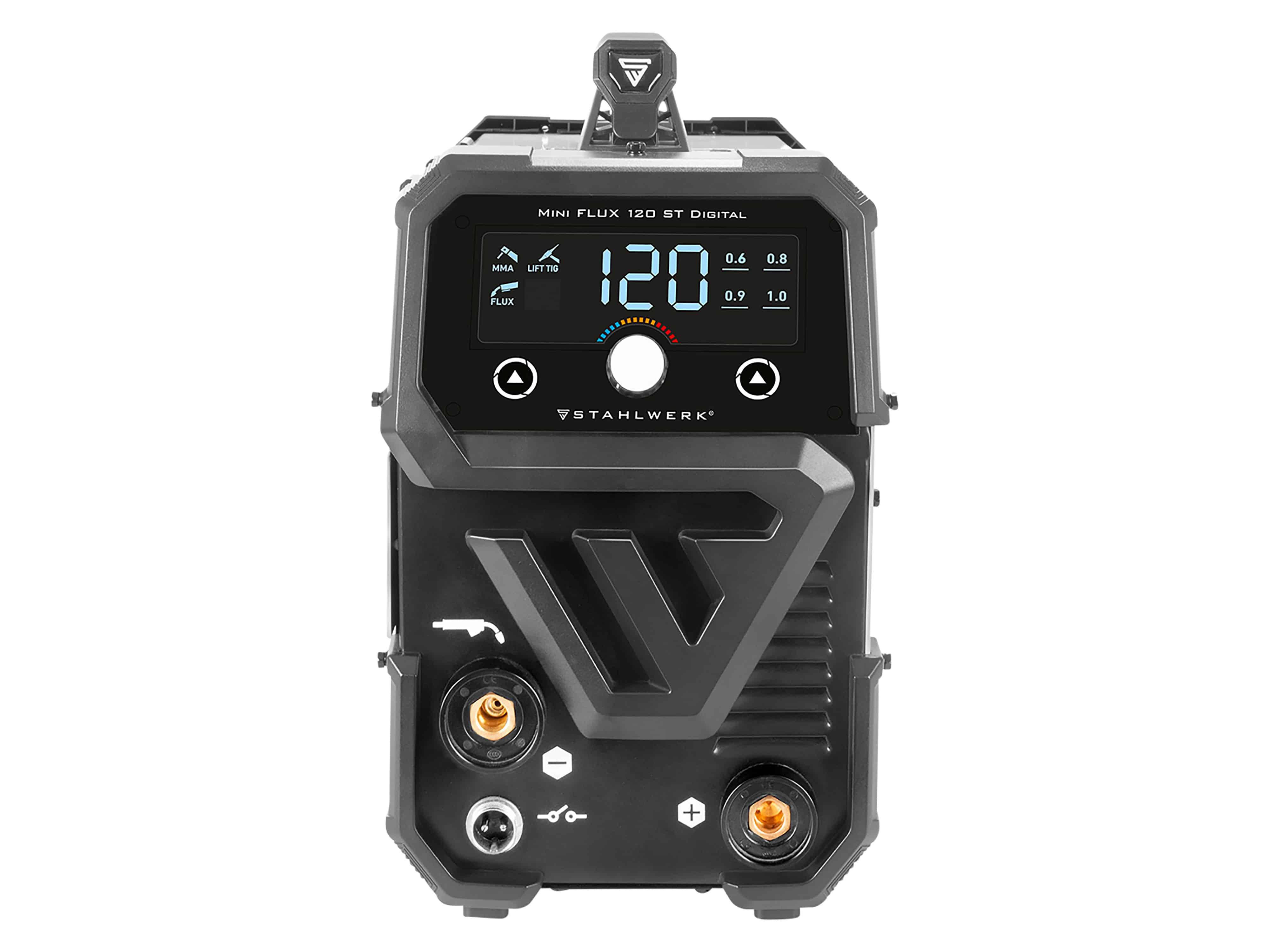 Ein schwarzes digitales Schweißgerät mit einem Displaybildschirm, auf dem „120